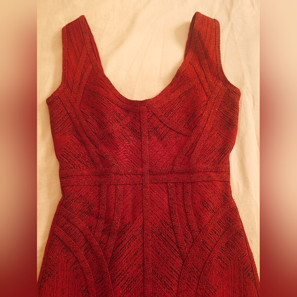 NWT Shimmery Wine Red HERVE LEGER Holiday Bodycon Icon Bandage Dress XS Sparkles - Picture 3 of 13
